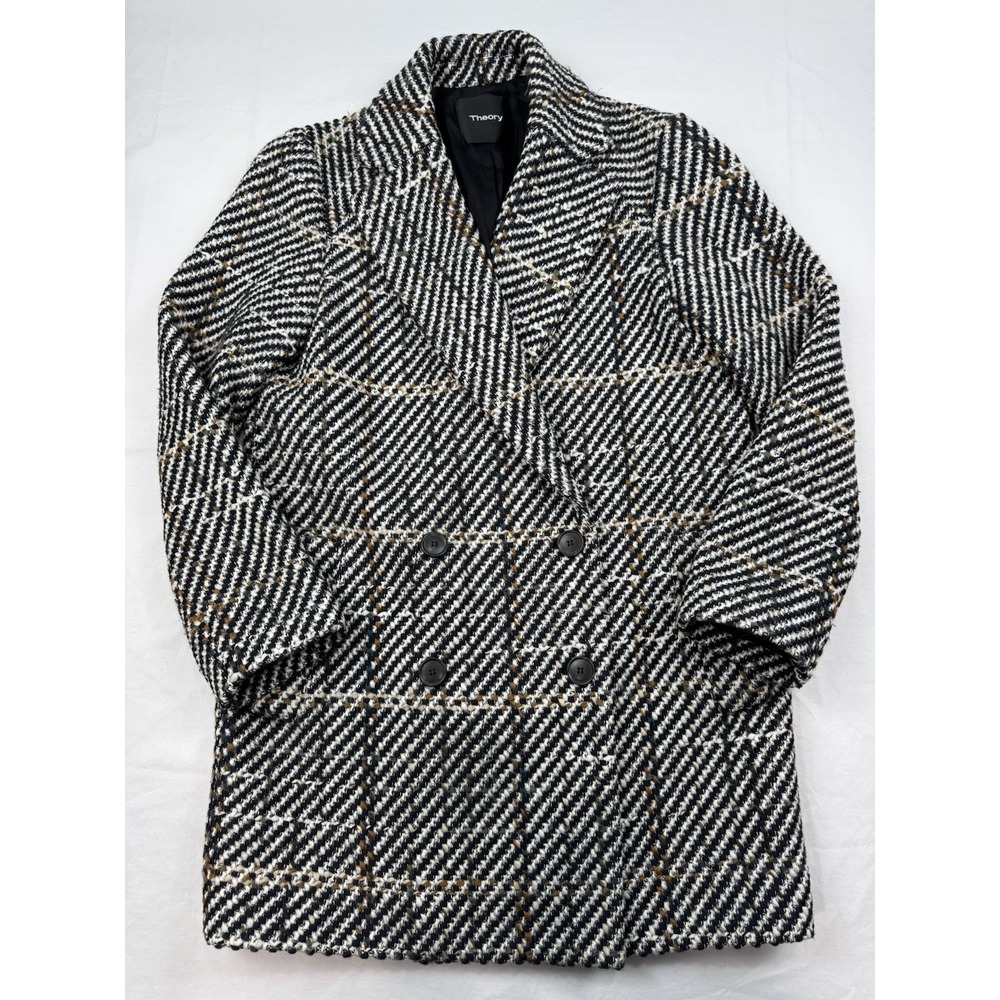 Theory Cafe Pea Coat Black & White Graphic Tweed Wool Blend Coat Sz S/P